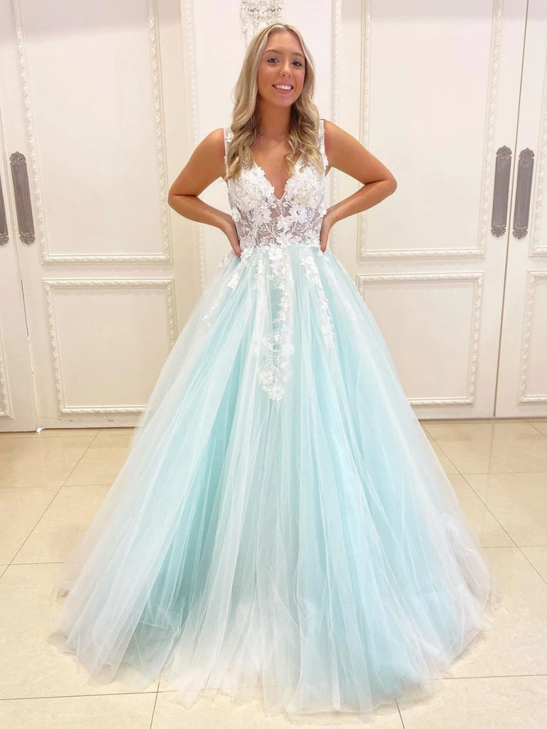 UNIQUE V NECK TULLE LACE GREEN LONG PROM DRESS A-LINE GREEN EVENING DRESS cg22121