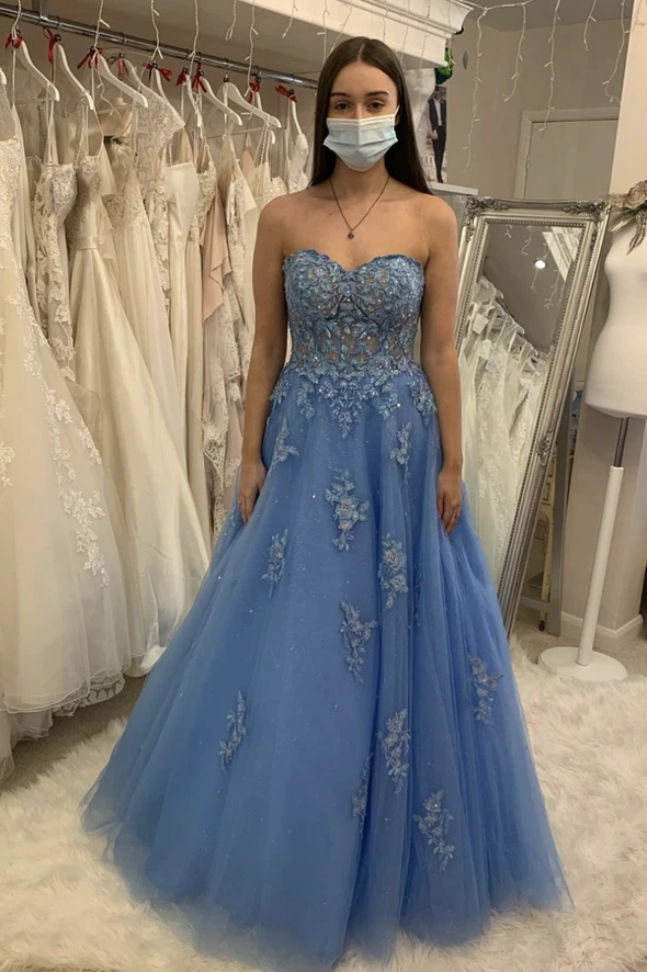 Blue tulle lace long A line prom dress evening dress cg22163
