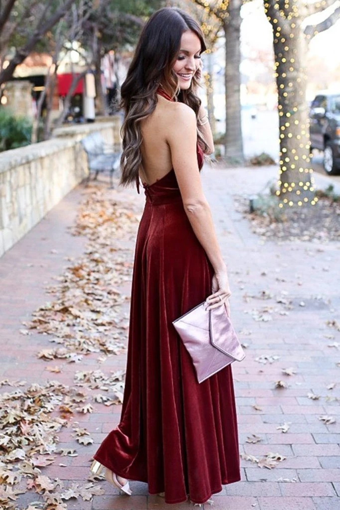 A Line Halter V Neck Backless Ankle Length Burgundy Prom Dresses cg22164