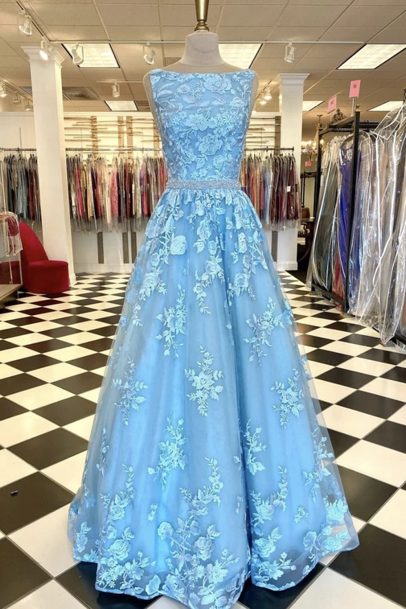 Blue tulle lace long A line prom dress evening dress cg22166