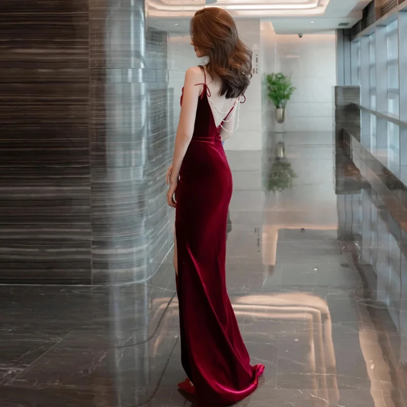 Burgundy Velvet Sexy Mermaid Slit Long Evening Dress, Backless Prom Dress Party Dress cg22168
