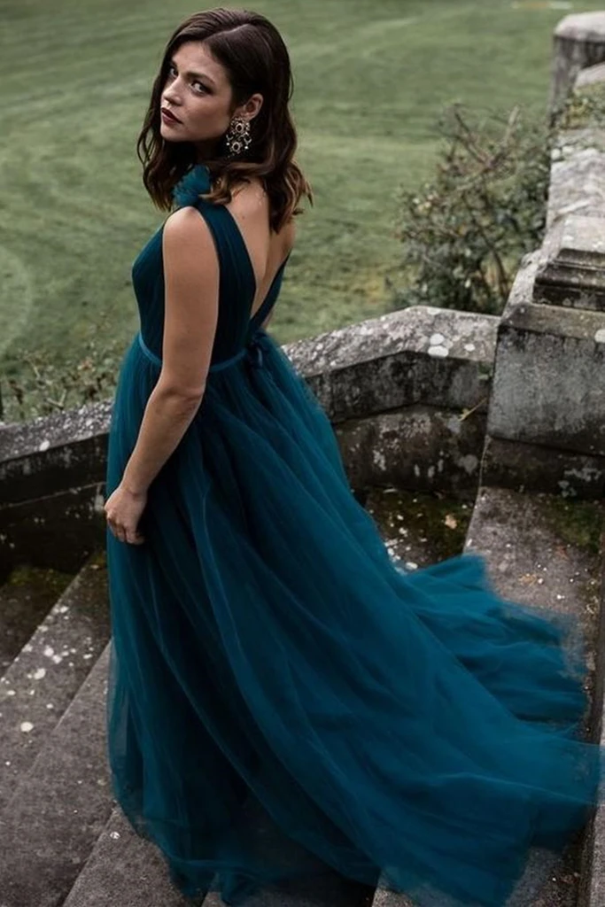 A Line V Neck and V Back Peacock Blue Long Prom Dress, V Neck Open Back Peacock Blue Formal Evening Dress cg22173
