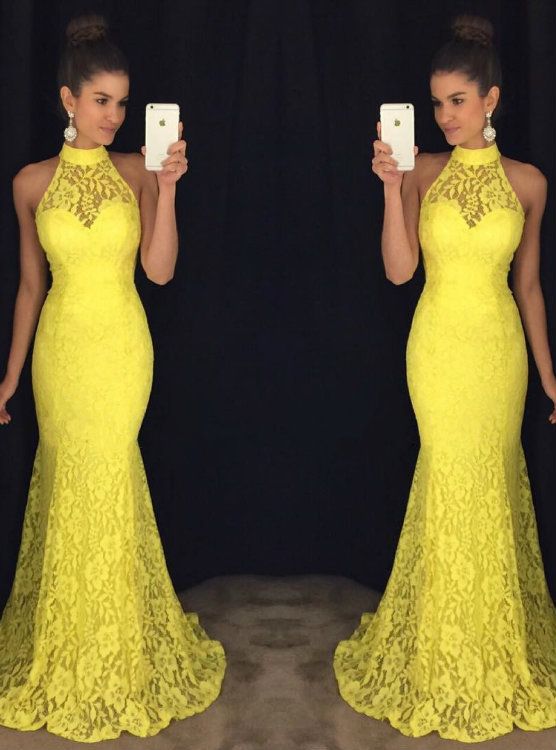 Halter Lace Evening Dresses Yellow Lace Dresses Evening Prom Dresses Formal Evening Gowns cg22179
