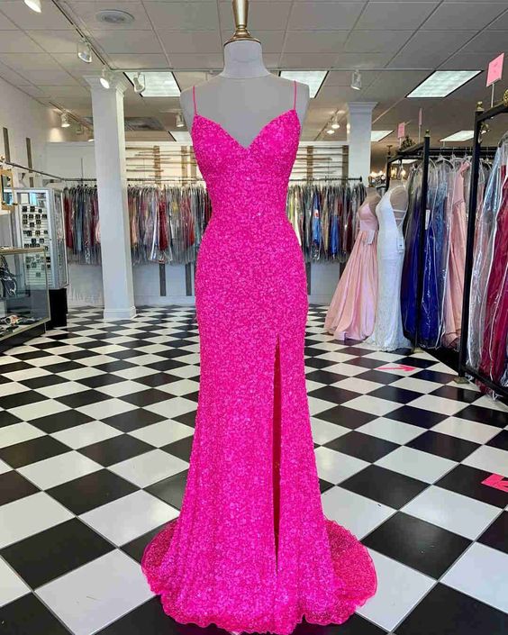 Hot Pink Straps Prom Dress with Slit cg22180