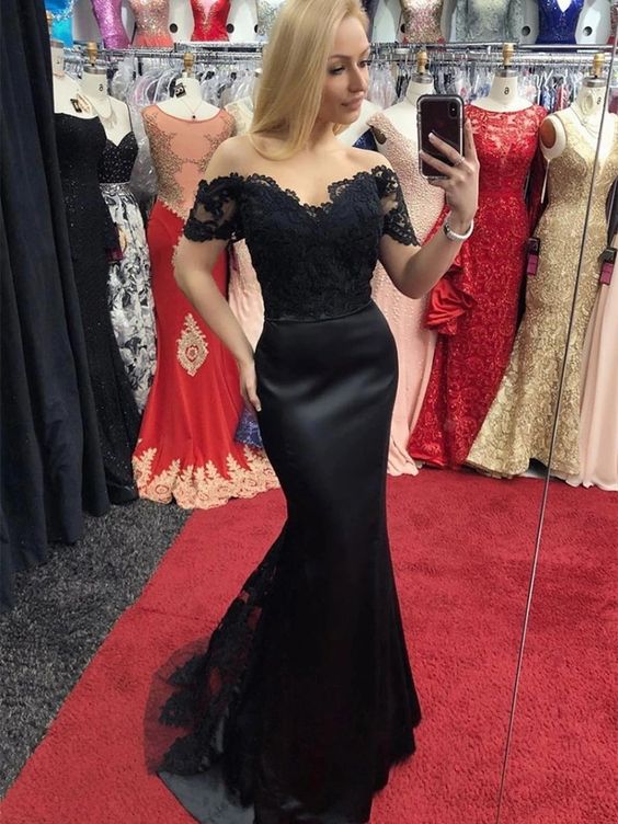 Off Shoulder Mermaid Lace Black Long Prom Dresses, Off Shoulder Black Lace Formal Dresses cg22184