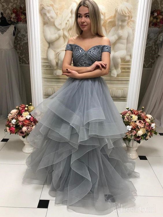 Ball Gown Off The Shoulder Grey Prom Dresses Floor Length Formal Prom Dresses cg22186