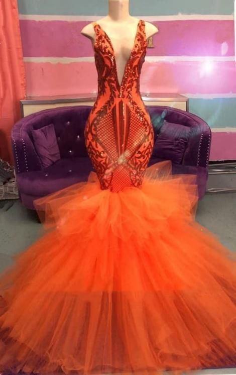 Black Girl Prom Dress Orange Mermaid Lace Appliques Prom Dresses Tulle Ruffles Sexy V-neck Cheap Evening Gowns cg22187