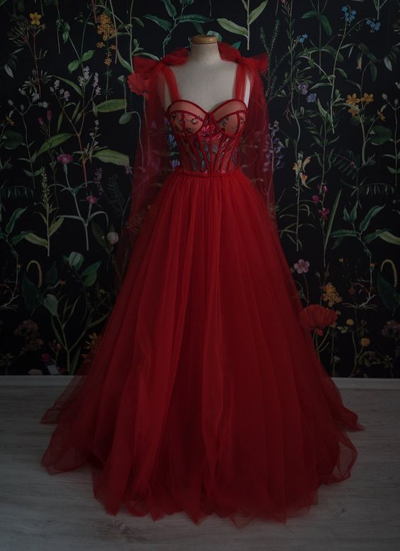 Red Velvet Prom Dress Tulle Evening Gowns cg22188