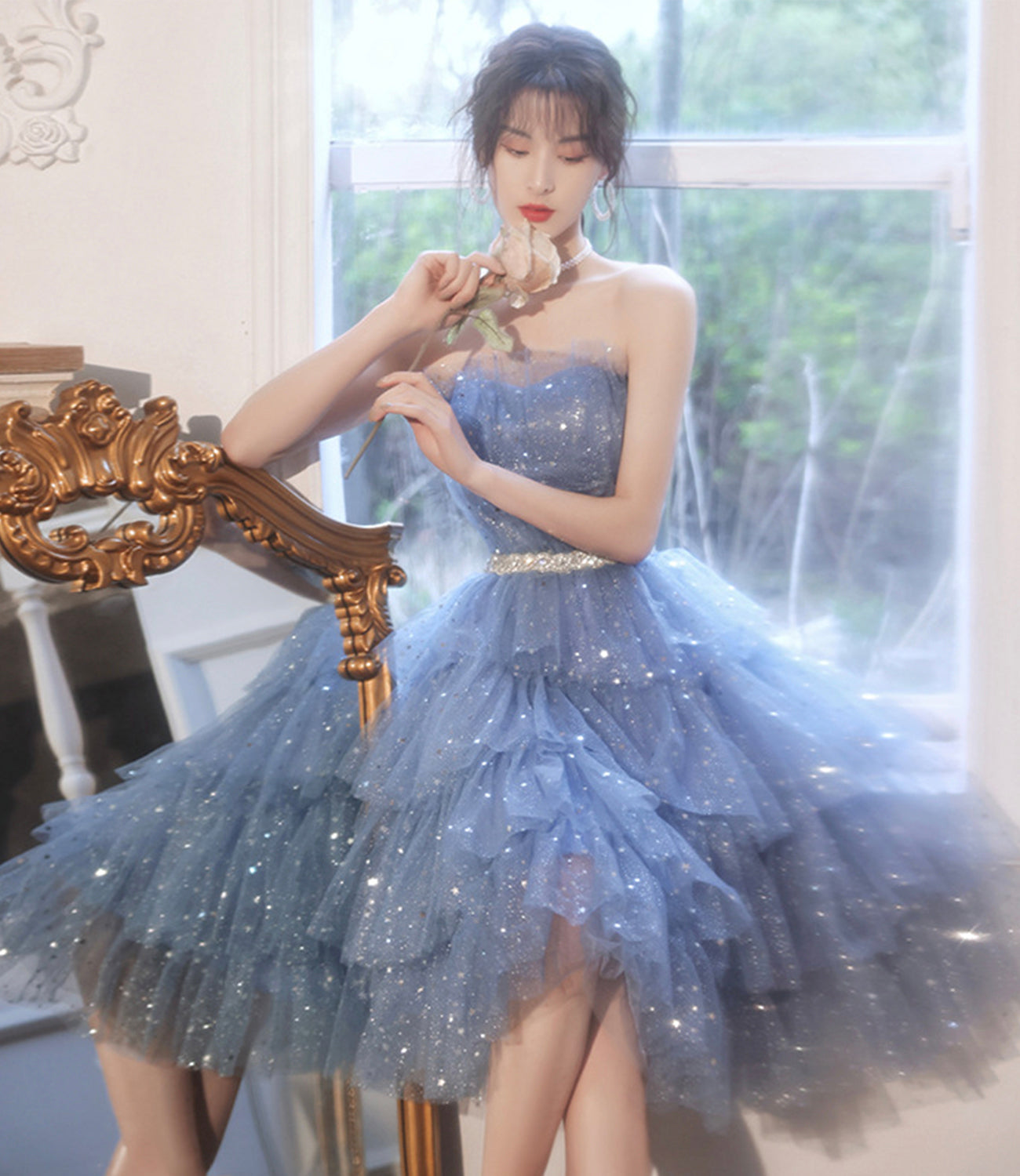 BLUE TULLE SEQUINS SHORT HOMECOMING DRESS PARTY DRESS cg22204