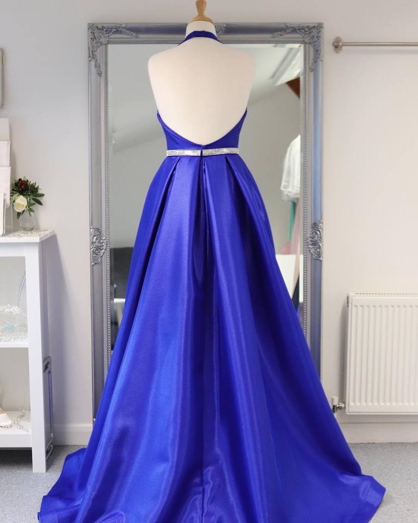 Royal Blue Satin Deep V Neck Simple Long Prom Dress Backless Party Dresses cg22208