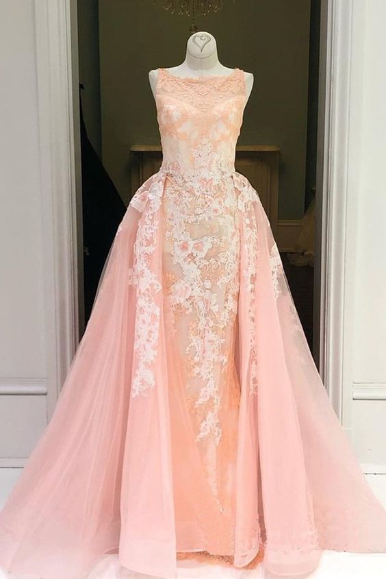Peach Lace Bateau Neck Long Halter Evening Gown, Formal Prom Dress cg22212