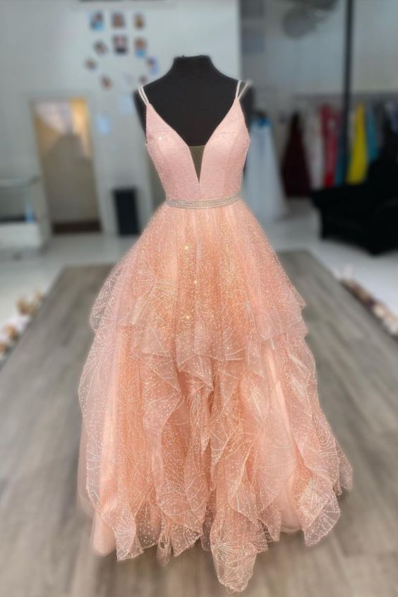 gorgeous illusion v-neck peach prom dress beaded a line long dress cg22231