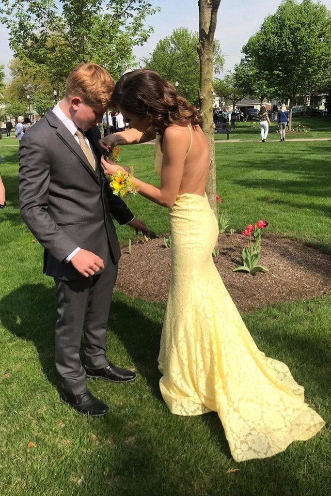 Slash Neck Two Piece Lace Mermaid Yellow Prom Dresses cg22239