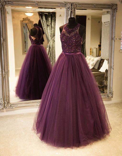 Purple tulle lace long prom dress, purple evening dress cg22249