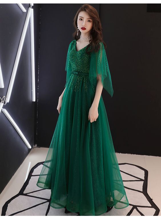 Green Beaded Tulle Long Prom Dress, A-line Lace-up Formal Dress cg22254