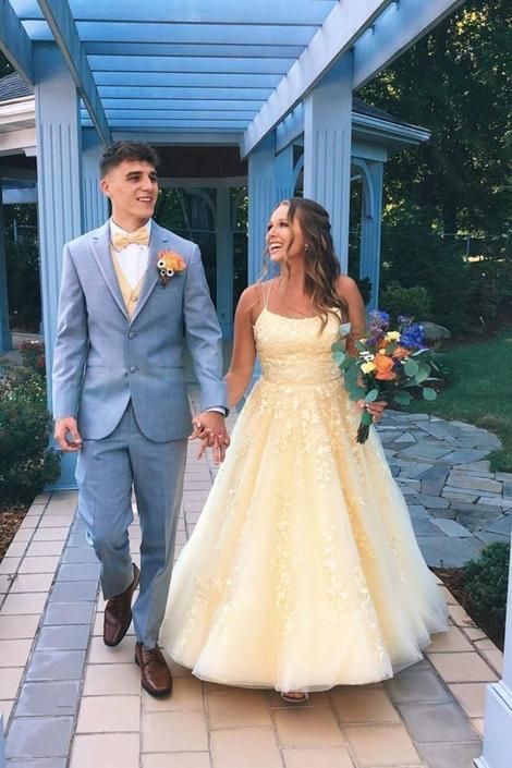 Yellow Tulle Appliques Beads Prom Dresses Double Straps Prom Gown cg22262