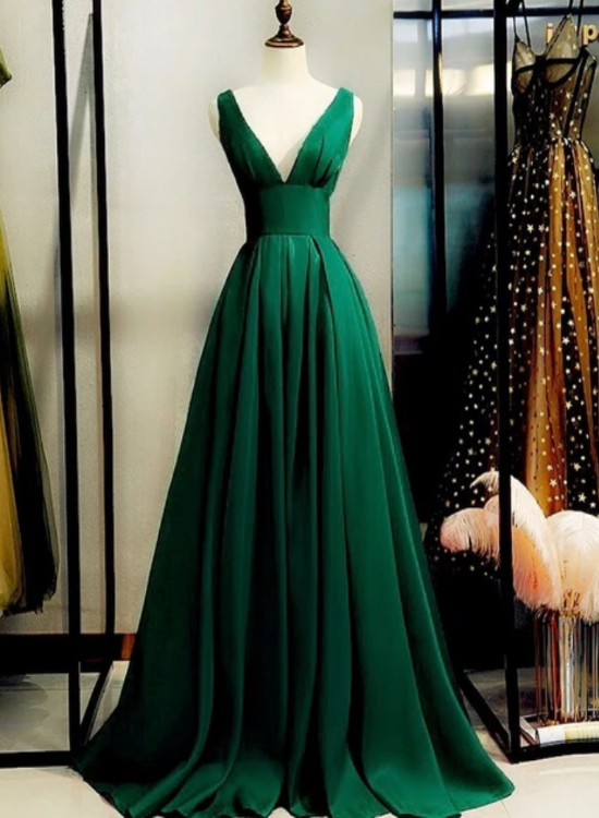 Green Satin V-Neckline Low Back Floor Length Prom Dress Evening Dress, Green Party Dress Formal Dress cg22276