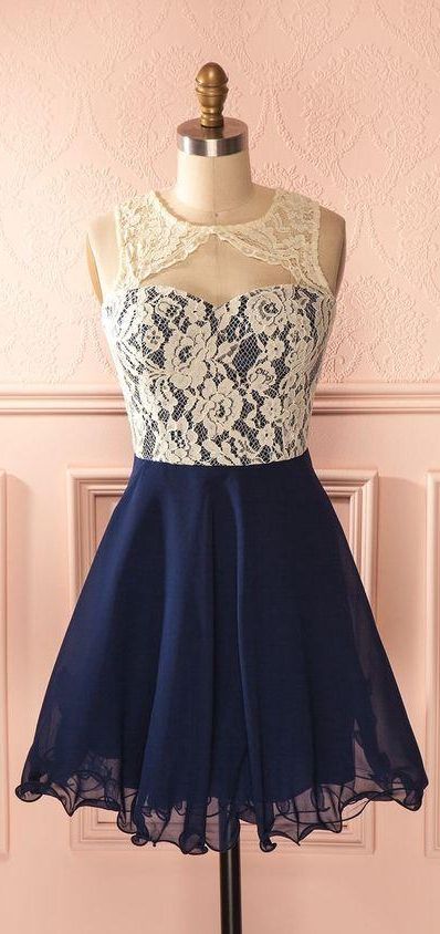 Cute Dark Navy Homecoming Dresses Lace Open Back Short Formal Dresses cg22283