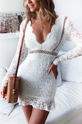 Sexy Lace Long Sleeved White V-neck Homecoming Dress cg22308