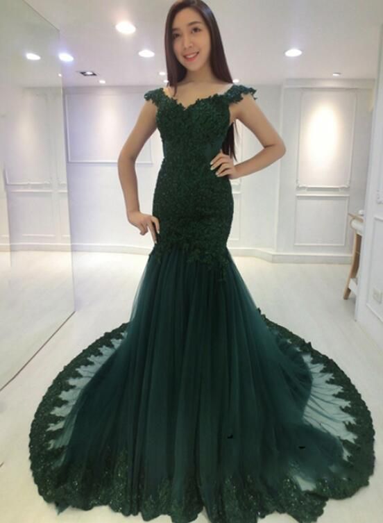 Sexy Hunter Green Tulle Mermaid Lace Applique Prom Dress cg23326