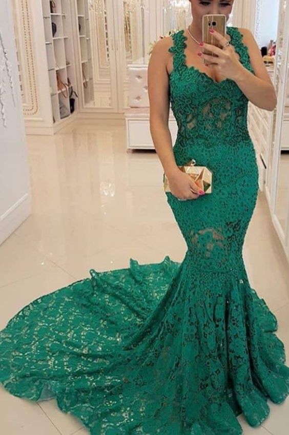 Sexy Hunter Green Tulle Mermaid Lace Applique Prom Dress cg23327
