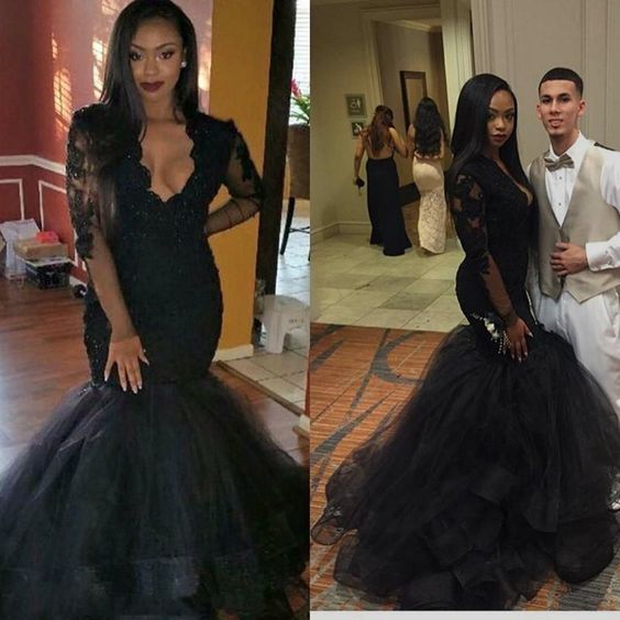 Mermaid Long Sleeves Open Front Tulle Black Long Prom Dress cg22337