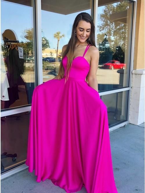 A-Line Spaghetti Straps Floor-Length Fuchsia Prom Dress with Pockets cg22352