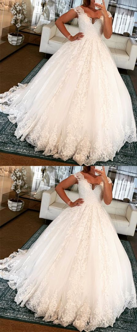 Off the shoulder lace wedding dress ball gown v neck bridal dresses vintage style Prom Dresses cg22355