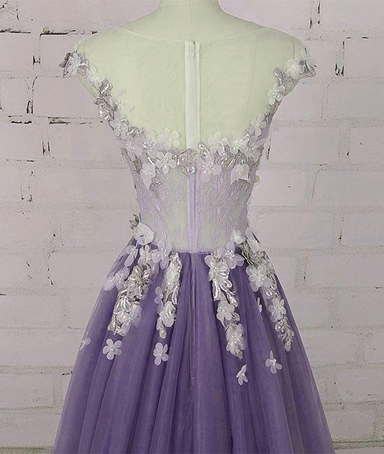 Light Purple Tulle Floral Long A-Line Prom Dress Wedding Party Dress, Lace Flowers Party Dress cg22375