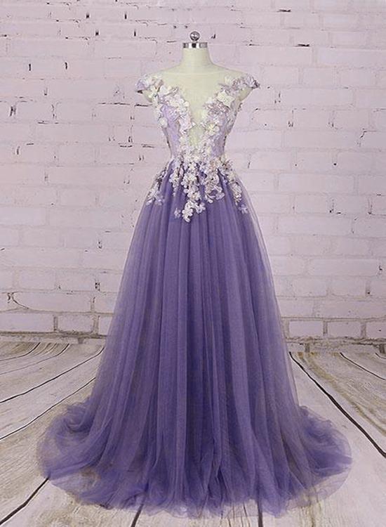 Light Purple Tulle Floral Long A-Line Prom Dress Wedding Party Dress, Lace Flowers Party Dress cg22375