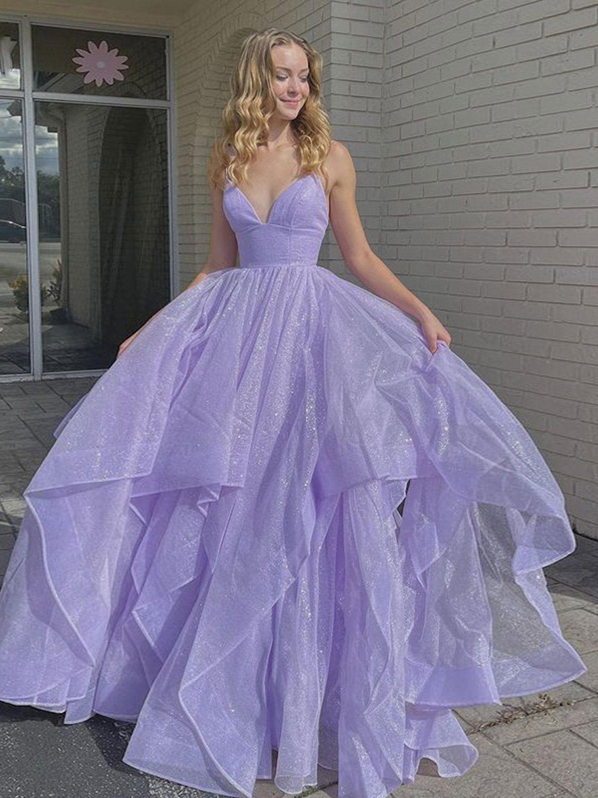 Purple v neck tulle long prom dress purple evening dress cg22380