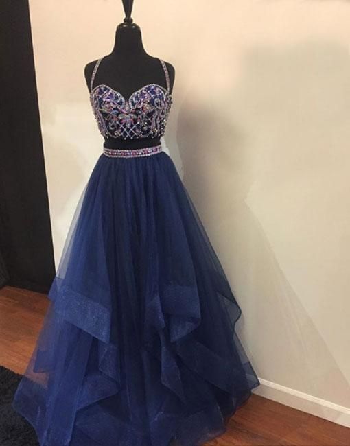 Blue two pieces tulle long prom dress, blue evening dress cg22388