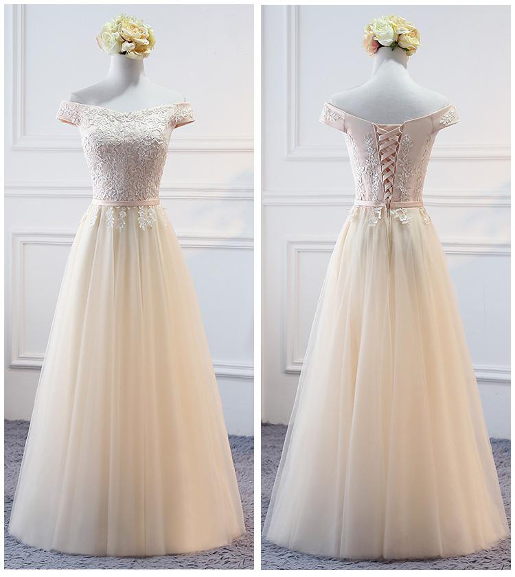 Champagne Lace Applique Off Shoulder Tulle Party prom dress cg22423