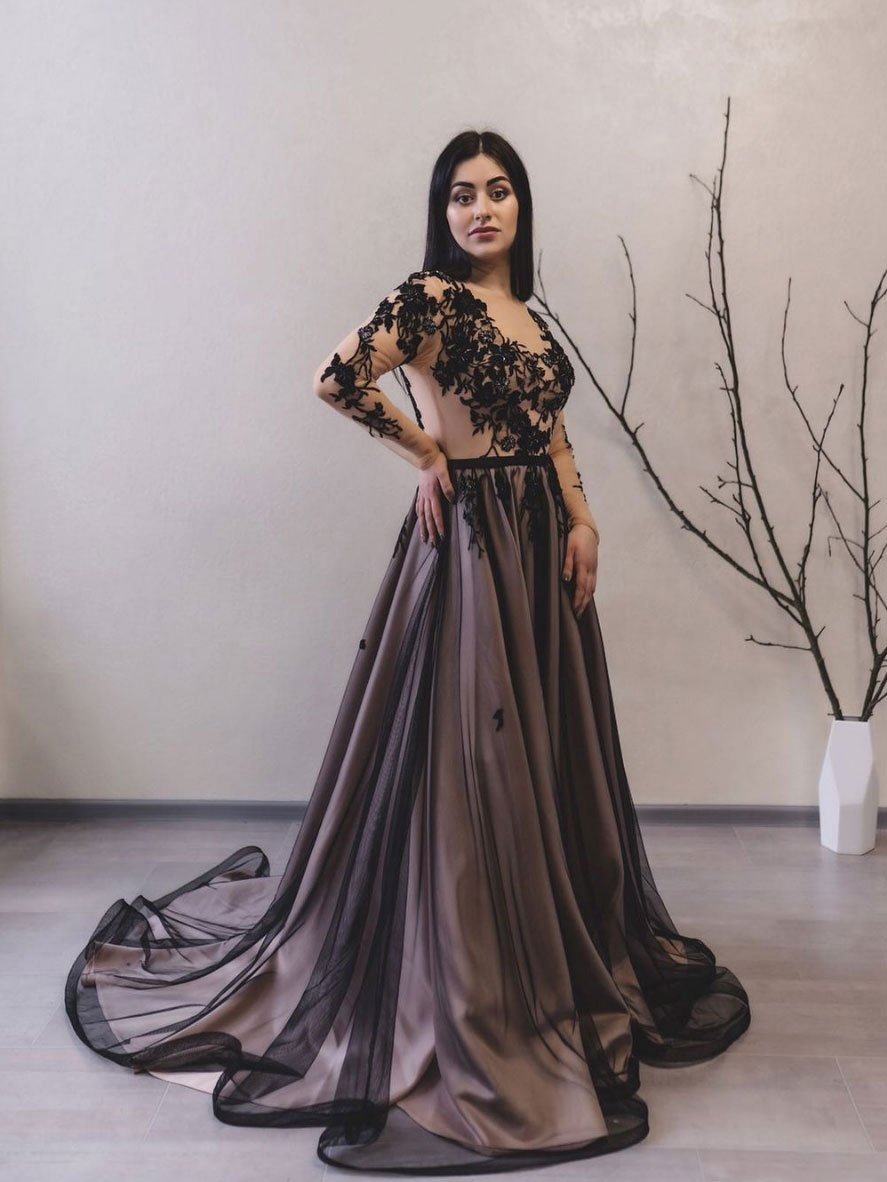 Black round neck tulle lace long prom dress black evening dress cg22432