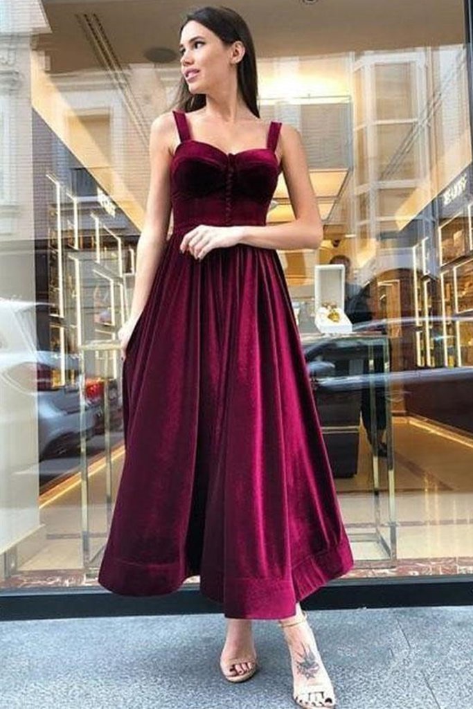 Sweetheart Neck Maroon Velvet Ankle Length Prom Dress cg22442