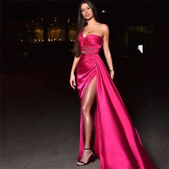 Beaded One Shoulder Dubai Prom Dresses Pleats High Split Long Evening Dress cg22443