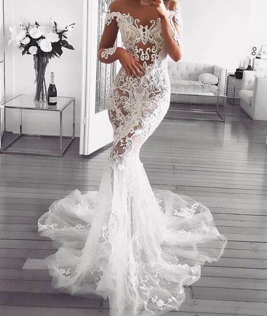 Unique white lace applique tulle mermaid long prom dress cg22477
