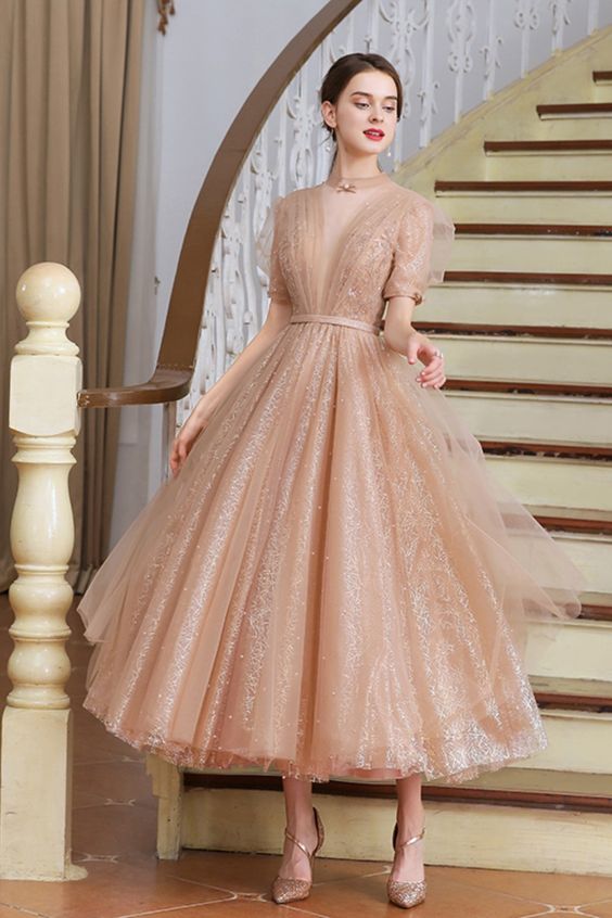 Champagne Party Dress prom party dress features with short sleeves cg22511
