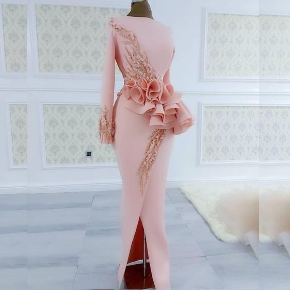 Blush Pink Aso Ebi Evening Dresses Long Sleeves Peplum Beads Appliques Pearls Side Split Mermaid Prom Dress cg22514