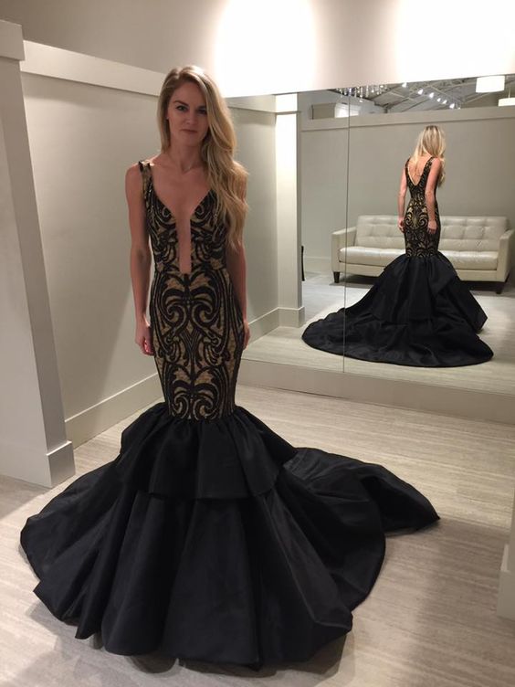 Mermaid Scoop Sweep Train Black Satin Prom Dress with Lace cg22540