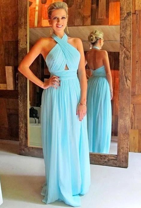 Blue Ruching Halter Chiffon Prom Dresses cg22568