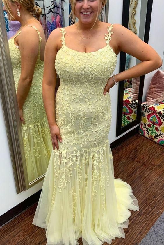 mermaid yellow lace appliques long prom dress cg22593