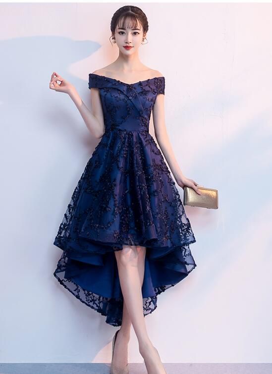 Navy Blue Lace High Low Chic Homecoming Dress, Beautiful Party Dresses cg22627