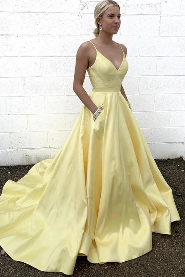Yellow satin long A line prom dress evening dress cg22639