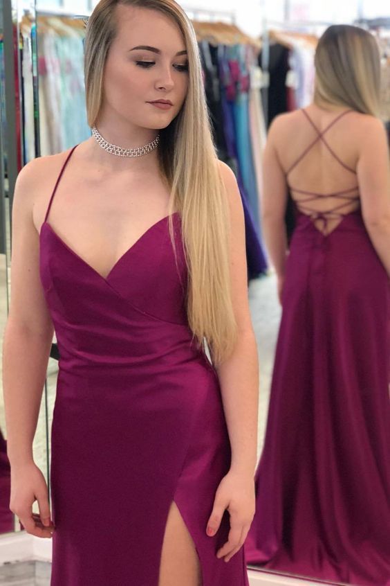 Straps Plum Purple Long Formal Dress with Lace Up Back Prom Dresses cg22645