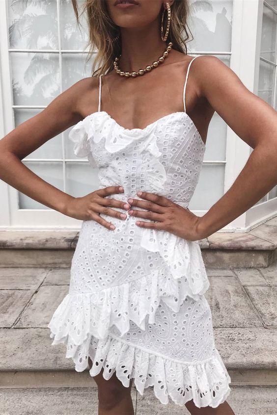 Sheath Spaghetti Straps Short White Lace Homecoming Dress with Ruffles cg22673