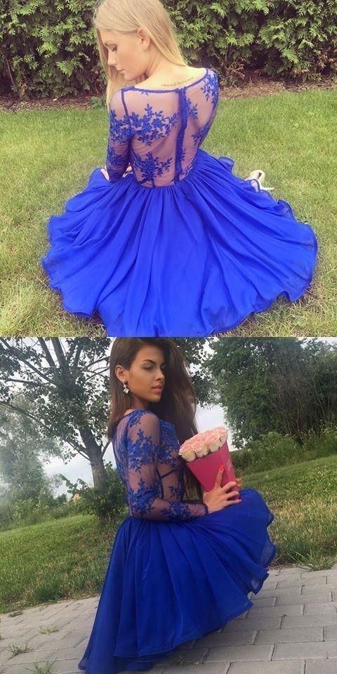 A-Line Deep V-Neck Long Sleeves Royal Blue Chiffon Short Homecoming Dress cg22698
