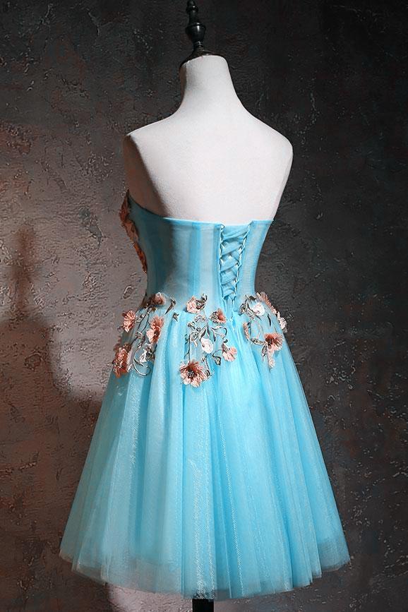 Light Blue Flowers Cute Tulle Knee Length Party Dress, Blue Floral Homecoming Dress cg22711