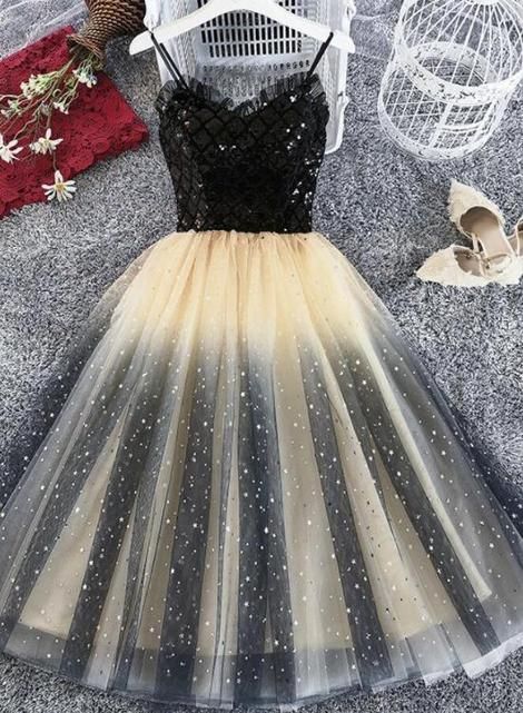 Lovely Gradient Tulle Black Top Short Party Dress, Spaghetti Strap Cute Homecoming Dress cg22728