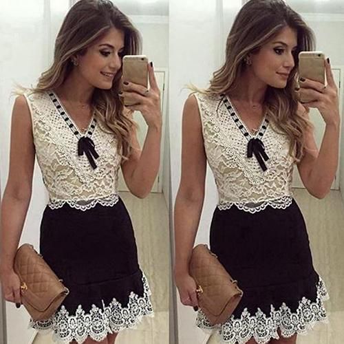 Women's Sexy Summer Lace Patchwork Sleeveless Bowknot Party Cocktail Mini Dress homecoming dress cg22730